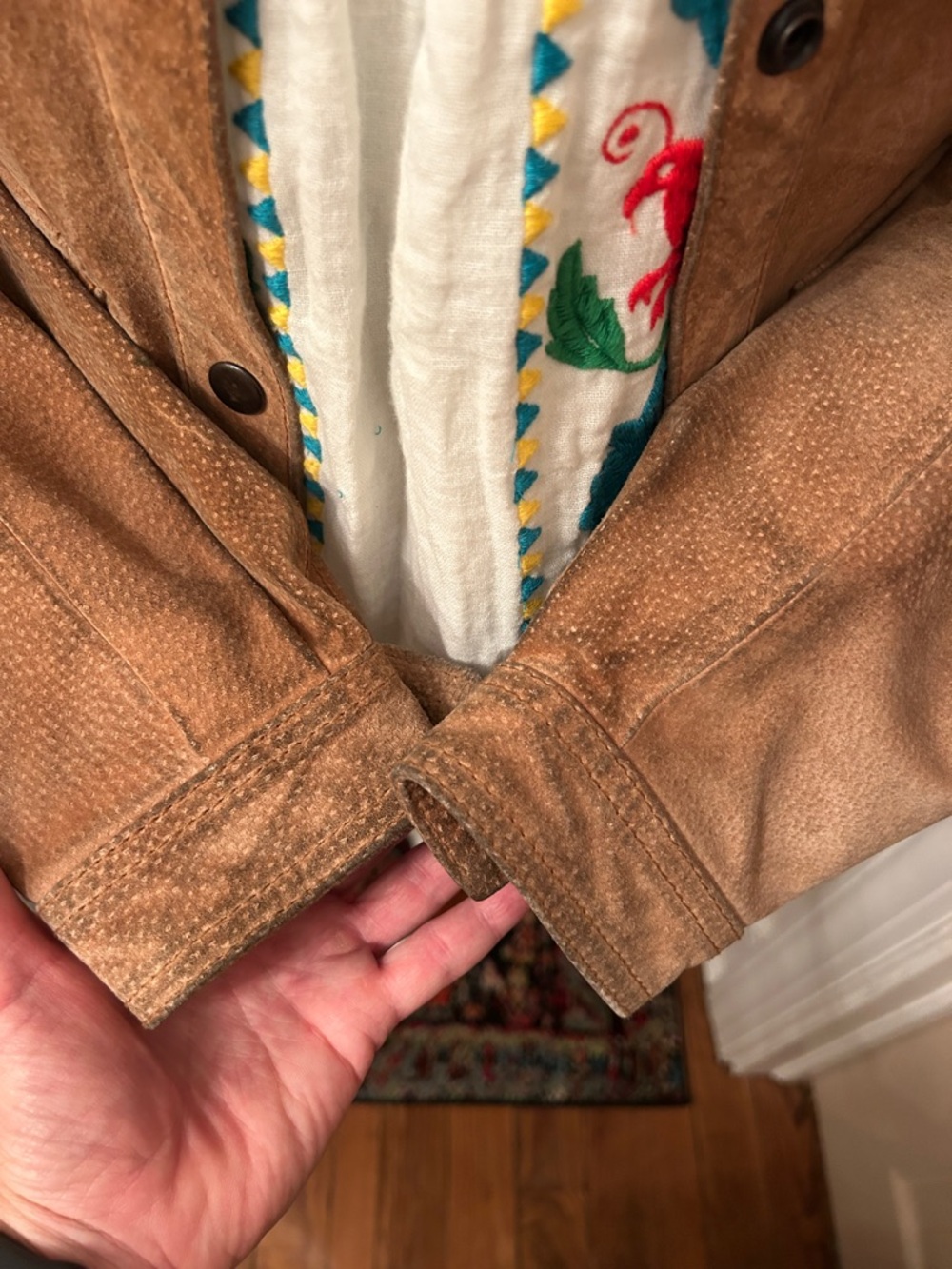 RARE! AUTHENTIC 70s sz 4-6 TAN Fringed PIG Suede Western Jacket With embroidery - Picture 8 of 10